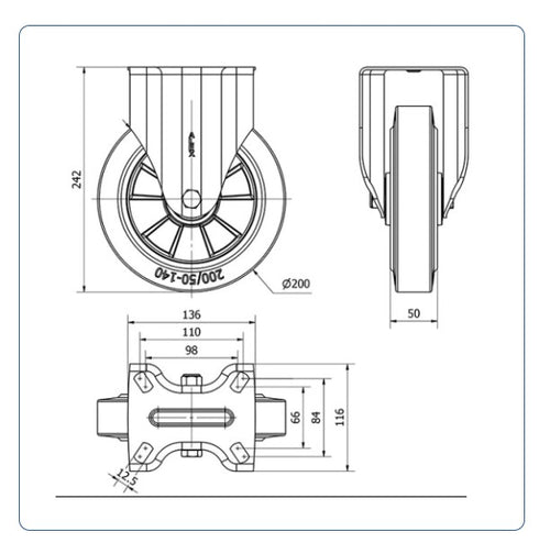 Elastiek rubber aluminium bokwiel - 200mm - 400kg Kogellager