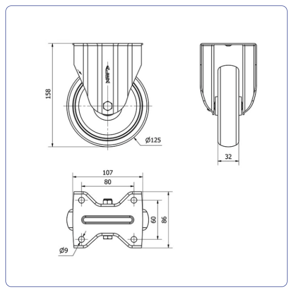 Spuitgegoten Rubber RVS bokwiel - 125mm - 120kg