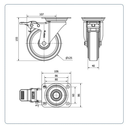 Elastiek rubber aluminium zwenkwiel geremd met topplaat  - 125mm - 250kg Kogellager