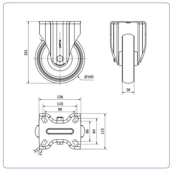 Spuitgegoten Rubber RVS bokwiel - 200mm - 180kg