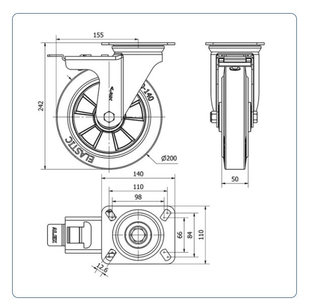 Elastiek rubber aluminium zwenkwiel geremd met topplaat  - 200mm - 400kg Kogellager