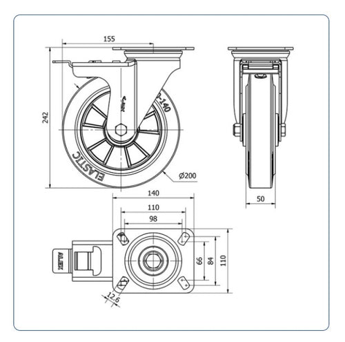 Elastiek rubber aluminium zwenkwiel geremd met topplaat  - 200mm - 400kg Kogellager