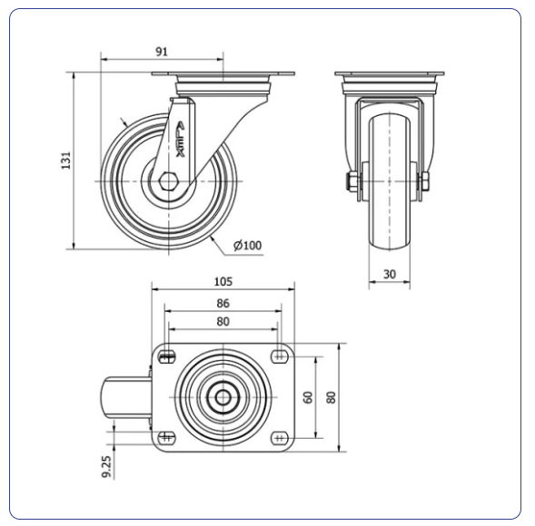 Spuitgegoten Rubber RVS zwenkwiel  met topplaat - 100mm - 100kg