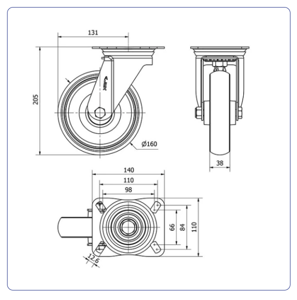Spuitgegoten Rubber RVS zwenkwiel  met topplaat - 160mm - 160kg