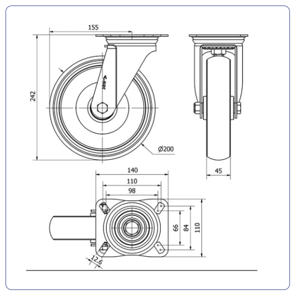 Spuitgegoten Rubber RVS zwenkwiel  met topplaat - 200mm - 180kg