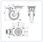 Spuitgegoten Rubber RVS zwenkwiel geremd met topplaat - 100mm - 100kg RVS rollen