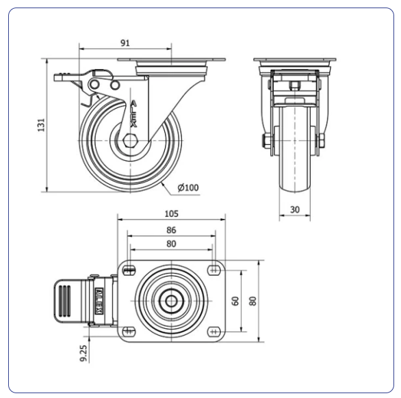 Spuitgegoten Rubber RVS zwenkwiel geremd met topplaat - 100mm - 100kg