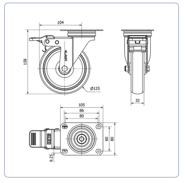 Spuitgegoten Rubber RVS zwenkwiel geremd met topplaat - 125mm - 120kg