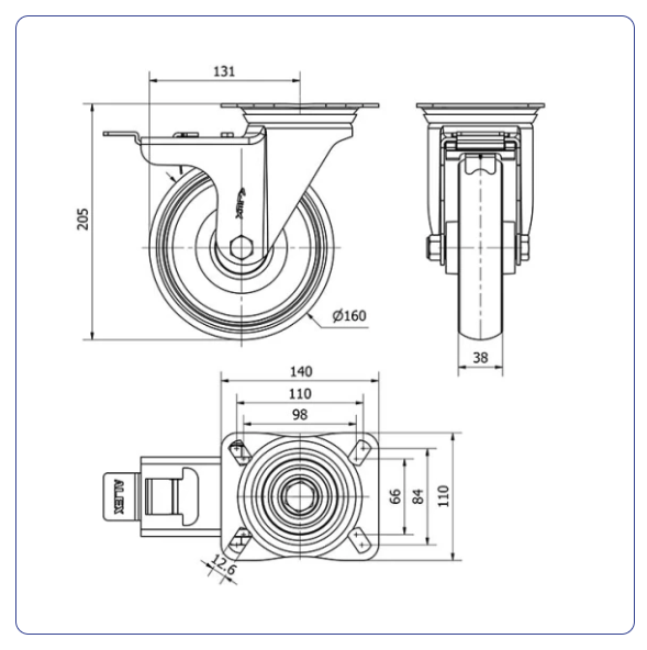 Spuitgegoten Rubber RVS zwenkwiel geremd met topplaat - 160mm - 160kg