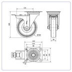 Spuitgegoten Rubber RVS zwenkwiel geremd met topplaat - 160mm - 160kg