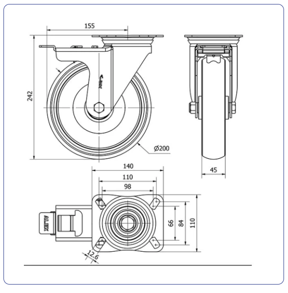 Spuitgegoten Rubber RVS zwenkwiel geremd met topplaat - 200mm - 180kg
