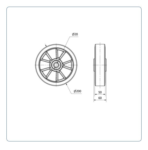PU Aluminium Wiel 200 mm - Asgatdiameter 20mm - Draagvermogen 800kg - Kogellager