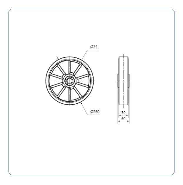 PU Aluminium Wiel 250 mm - Asgatdiameter 25mm - Draagvermogen 1000kg - Kogellager
