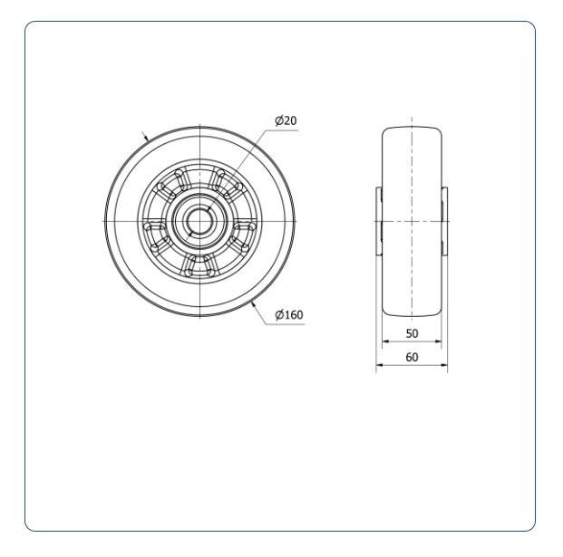 Premium  PU Aluminium Wiel 160 mm - Asgatdiameter 20mm - Draagvermogen 550kg - Kogellager