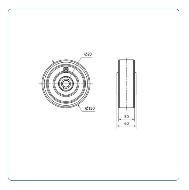 PU Wiel 150 mm - Asgatdiameter 20mm - Draagvermogen 800kg - Kogellager