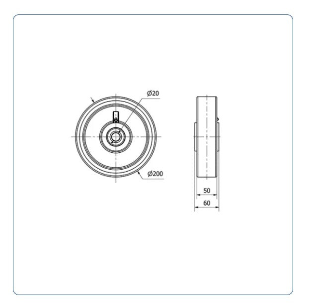PU Wiel 200 mm - Asgatdiameter 20mm - Draagvermogen 1100kg - Kogellager