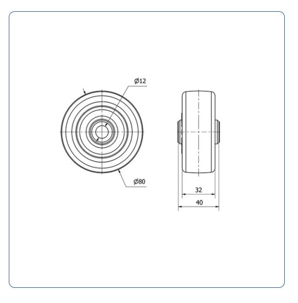 PU Wiel 80 mm - Asgatdiameter 12mm - Draagvermogen 120kg