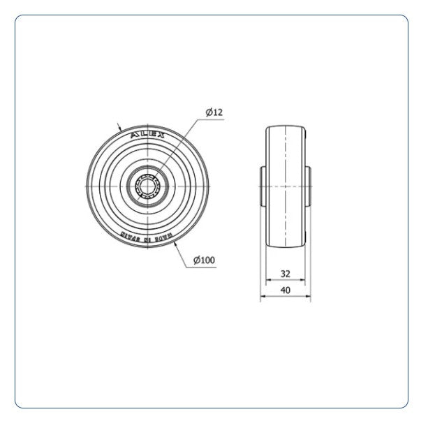 PU Wiel 100 mm - Asgatdiameter 12mm - Draagvermogen 150kg