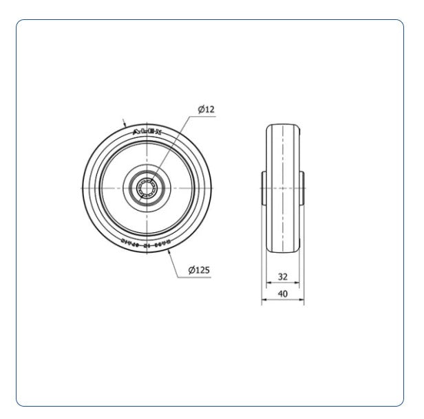 PU Wiel 125 mm - Asgatdiameter 12mm - Draagvermogen 175kg