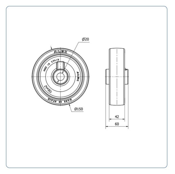PU Wiel 150 mm - Asgatdiameter 20mm - Draagvermogen 250kg