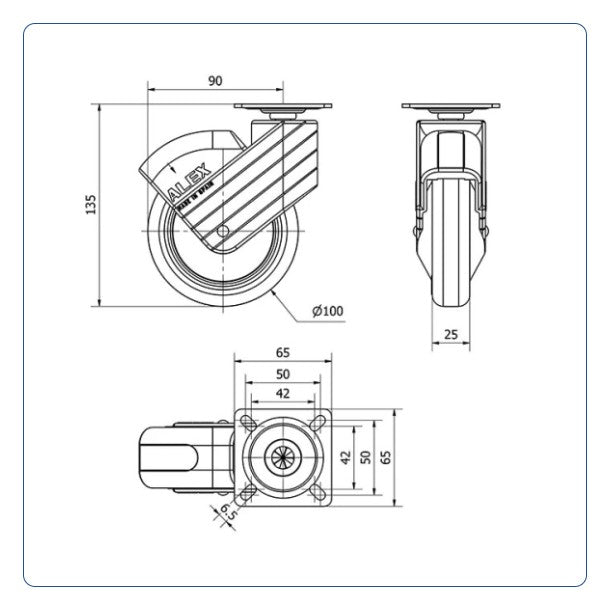 PU zwenkwiel met topplaat - 100mm - 40kg