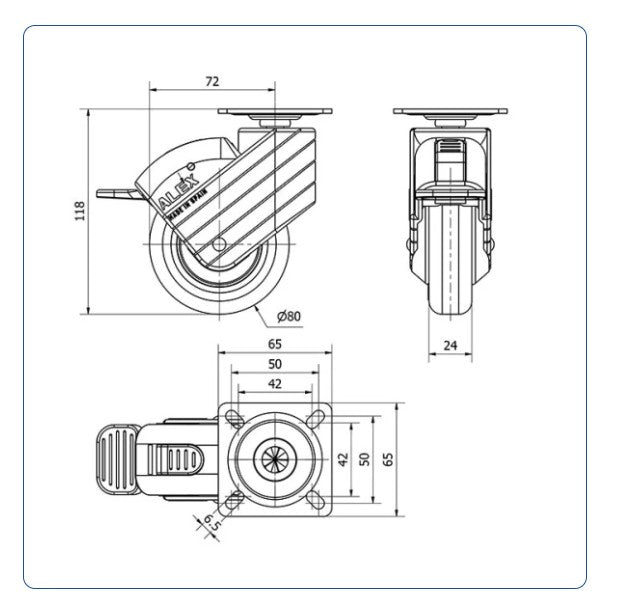 PU zwenkwiel geremd met topplaat - 80mm - 40kg