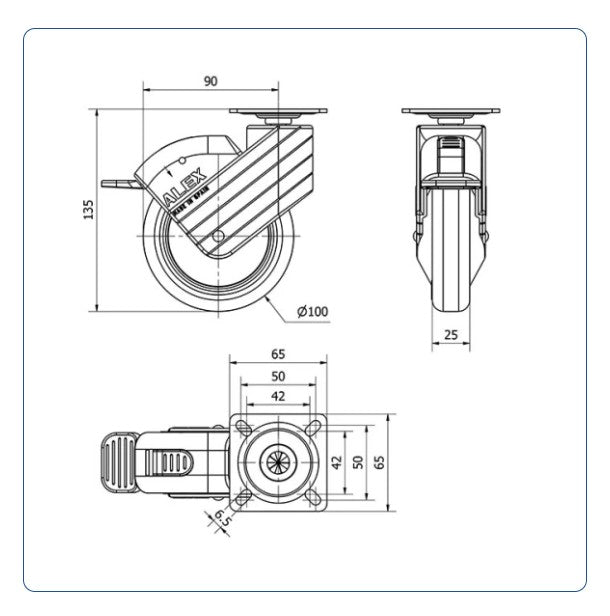 PU zwenkwiel geremd met topplaat - 100mm - 40kg
