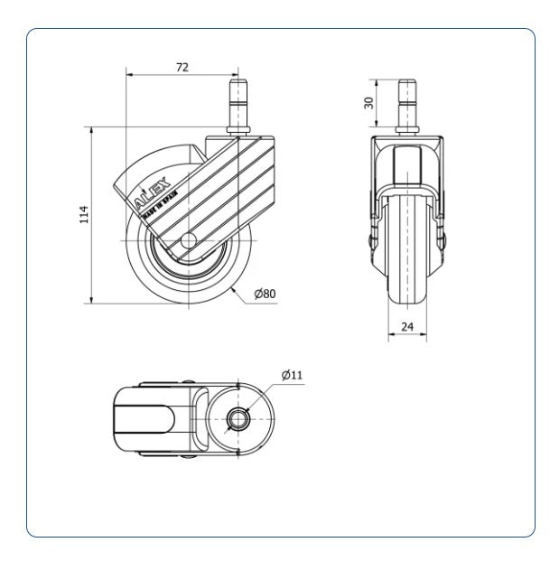 PU zwenkwiel met Klikpen 11x30- 80mm - 40kg