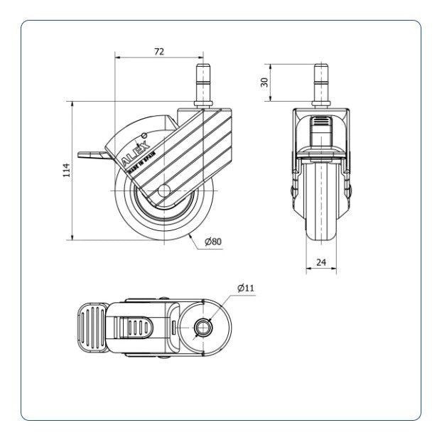 PU zwenkwiel geremd met Klikpen 11x30- 80mm - 40kg