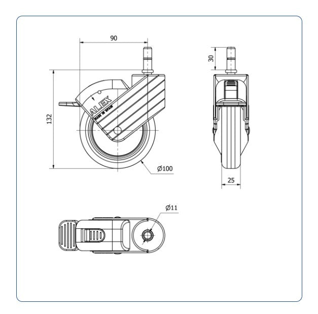 PU zwenkwiel geremd met Klikpen 11x30- 100mm - 40kg