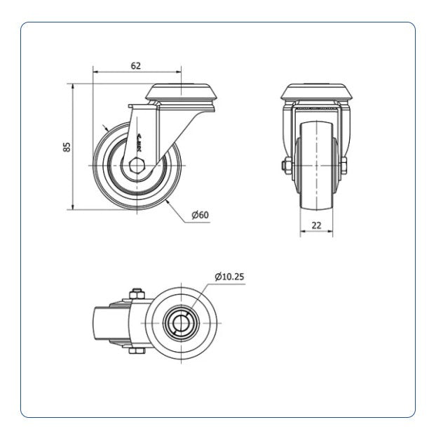 Rubber zwenkwiel met Doorgaand gat- 60mm - 40kg