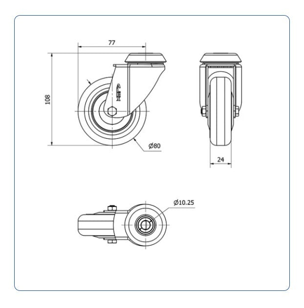 Rubber zwenkwiel met Doorgaand gat- 80mm - 60kg