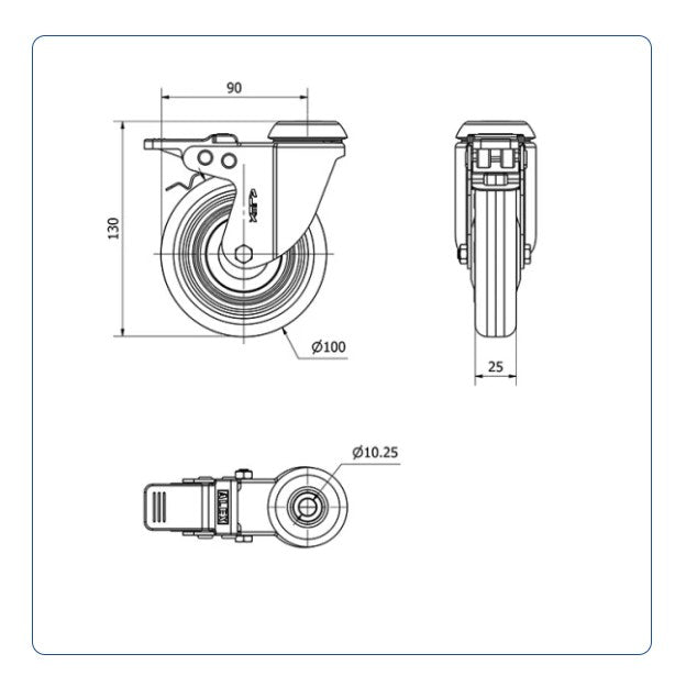 Rubber zwenkwiel geremd met Doorgaand gat- 100mm - 70kg