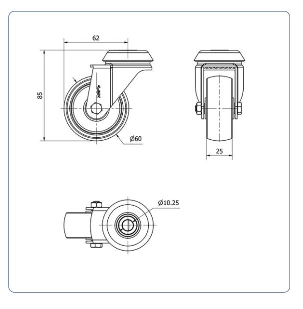 PP zwenkwiel met Doorgaand gat- 60mm - 50kg