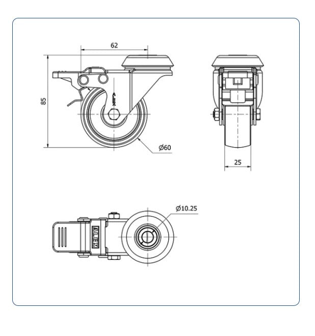 PP zwenkwiel geremd met Doorgaand gat- 60mm - 50kg