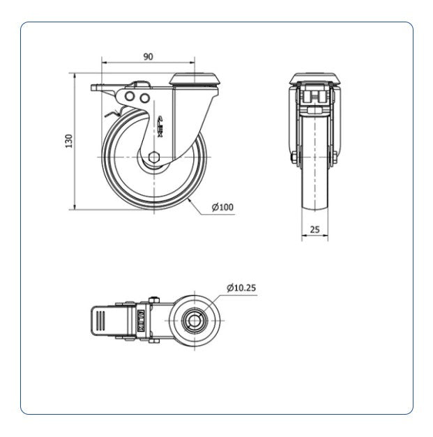 PP zwenkwiel geremd met Doorgaand gat- 100mm - 80kg