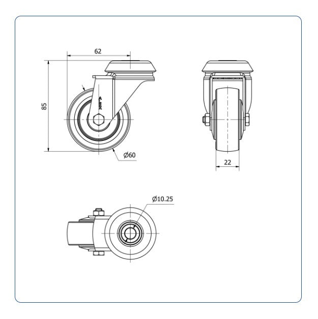 PU zwenkwiel met Doorgaand gat- 60mm - 50kg