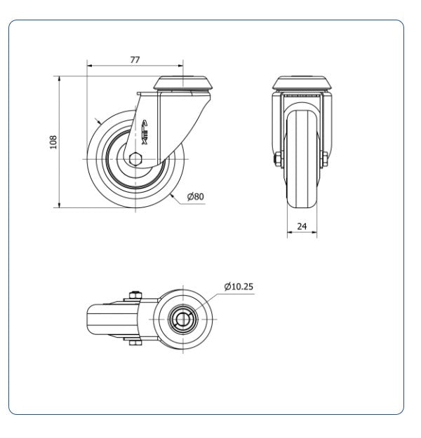 PU zwenkwiel met Doorgaand gat- 80mm - 70kg