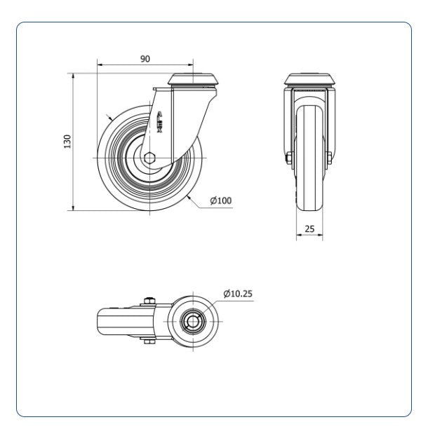 PU zwenkwiel met Doorgaand gat- 100mm - 80kg