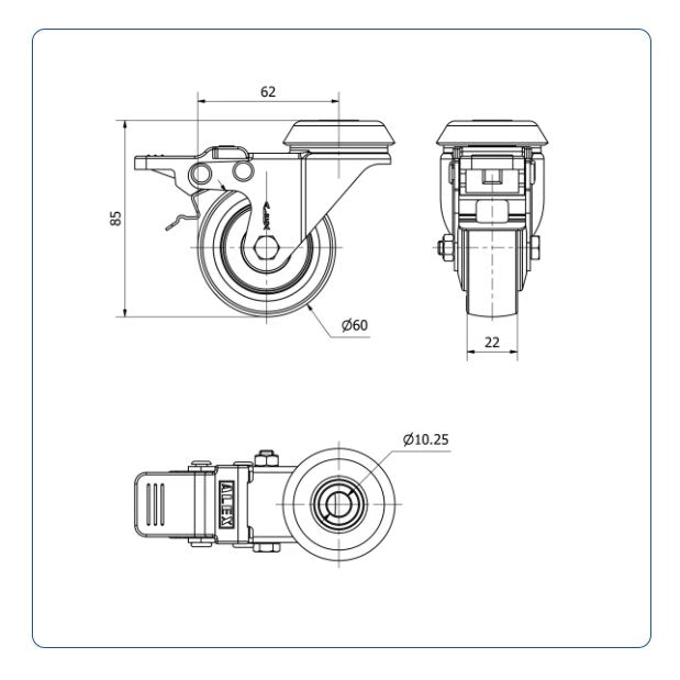 PU zwenkwiel geremd met Doorgaand gat- 60mm - 50kg