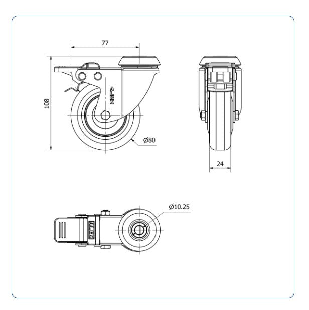 PU zwenkwiel geremd met Doorgaand gat- 80mm - 70kg