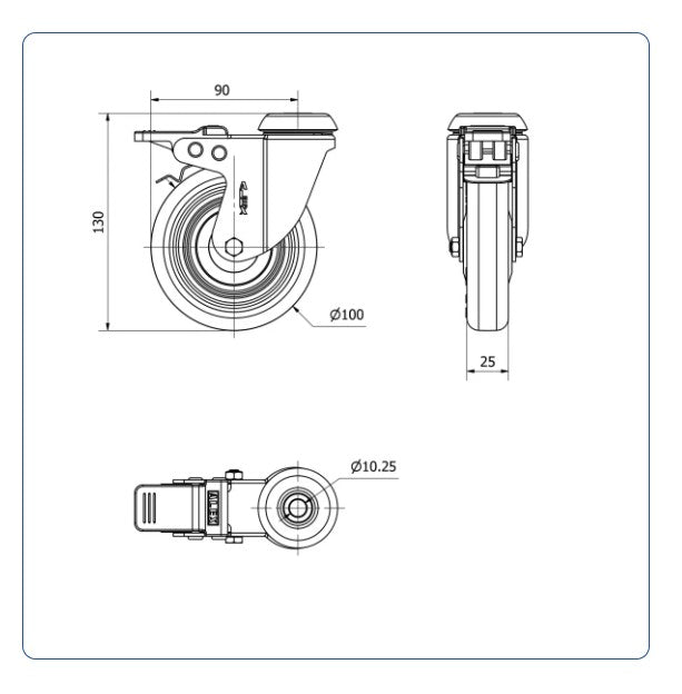 PU zwenkwiel geremd met Doorgaand gat- 100mm - 80kg