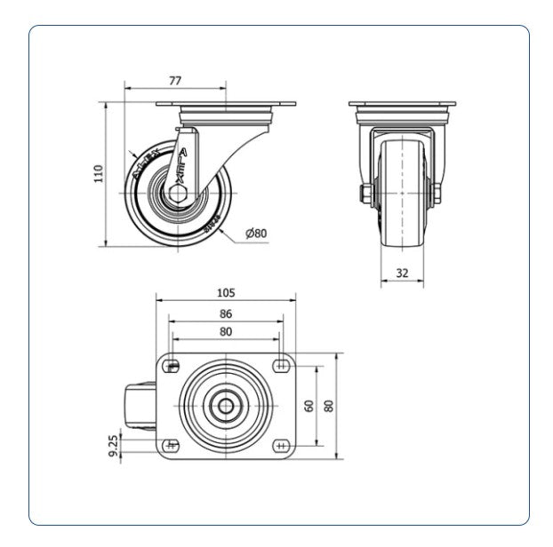 Grijs Rubber zwenkwiel met topplaat  - 80mm - 80kg