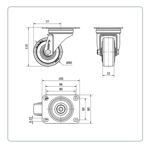 Grijs Rubber zwenkwiel met topplaat  - 80mm - 80kg