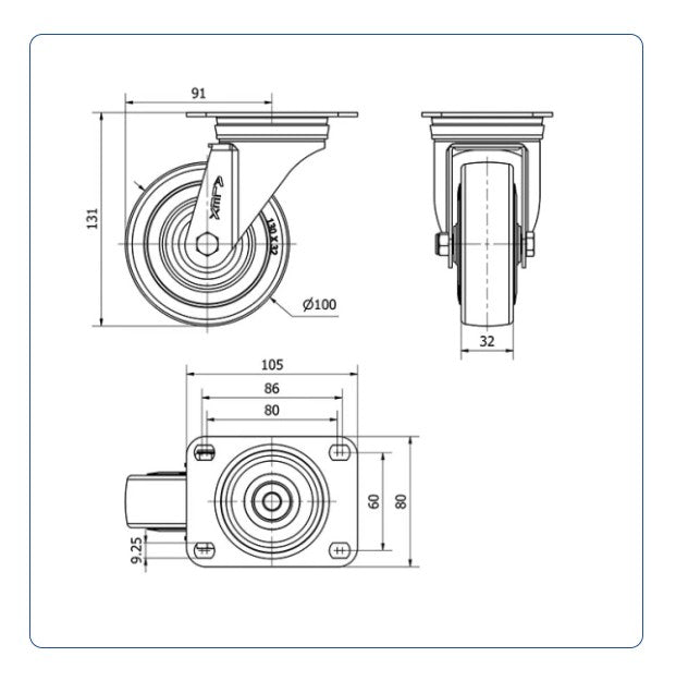 Grijs Rubber zwenkwiel met topplaat  - 100mm - 110kg
