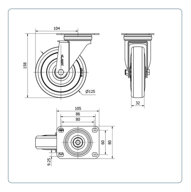 Grijs Rubber zwenkwiel met topplaat  - 125mm - 135kg