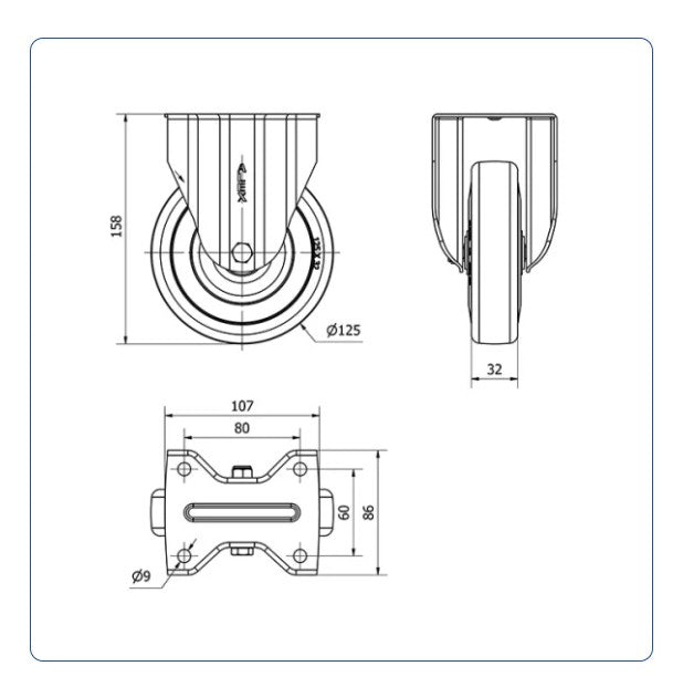 Grijs Rubber bokwiel  - 125mm - 135kg