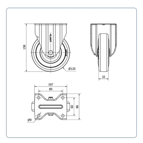 Grijs Rubber bokwiel  - 125mm - 135kg