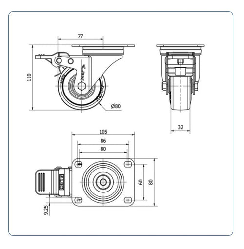Grijs Rubber zwenkwiel geremd met topplaat- 80mm - 80kg
