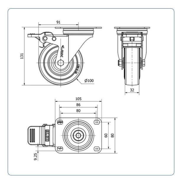 Grijs Rubber zwenkwiel geremd met topplaat- 100mm - 110kg